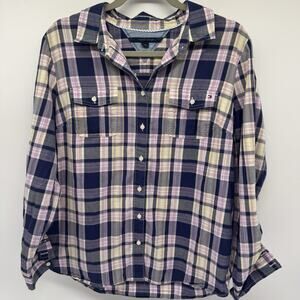Tommy Hilfiger Woman’s LARGE Button Down Shirt Pink Yellow Long Sleeve Plaid